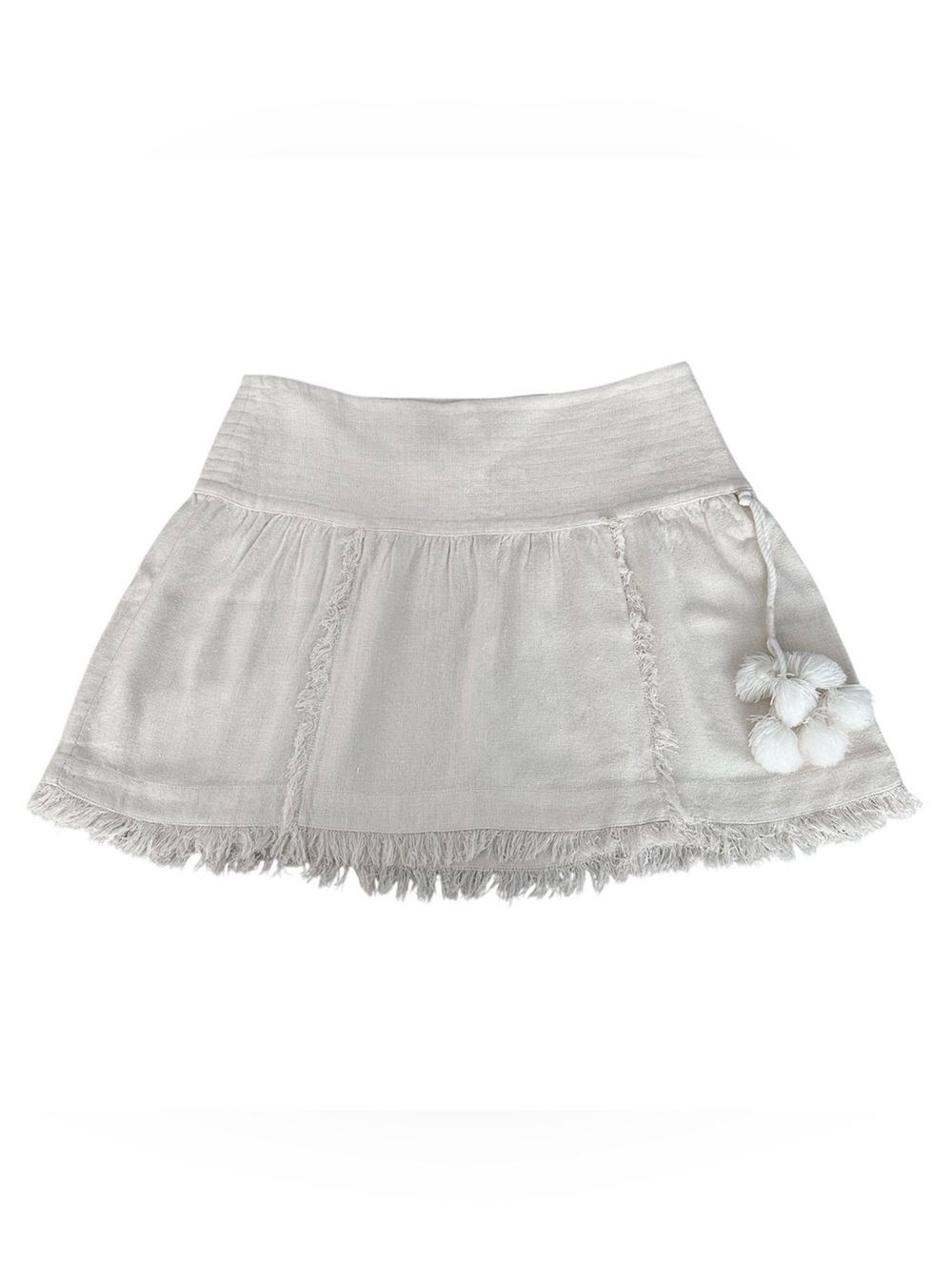 Vintage Y2K Figue Cream Silk Blend Fringe Mini Skirt with Pom Poms
